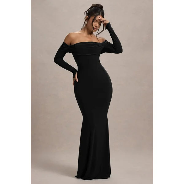 Amaia | Robe longue noire à manches longues et décolleté bardot