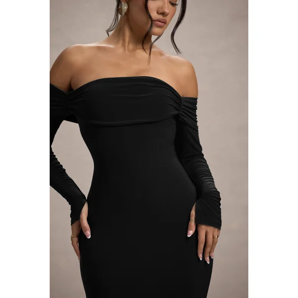 Amaia | Robe longue noire à manches longues et décolleté bardot