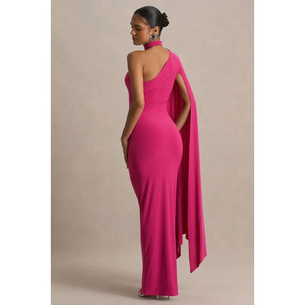 Amal | Robe longue rose vif à encolure asymétrique avec détail écharpe et manche cape