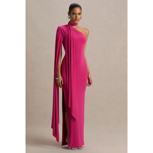 Amal | Robe longue rose vif à encolure asymétrique avec détail écharpe et manche cape
