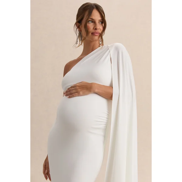 Amaryllis | Robe longue de maternité asymétrique blanche avec manches cape