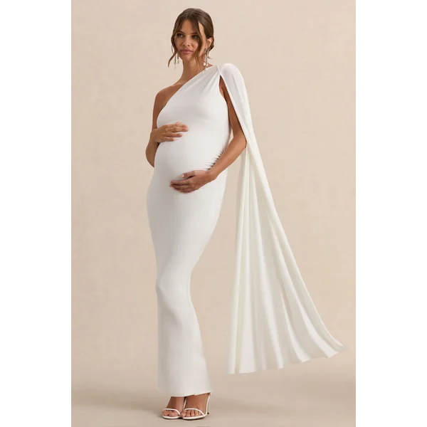 Amaryllis | Robe longue de maternité asymétrique blanche avec manches cape