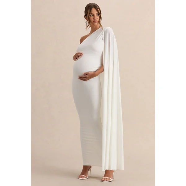 Amaryllis | Robe longue de maternité asymétrique blanche avec manches cape