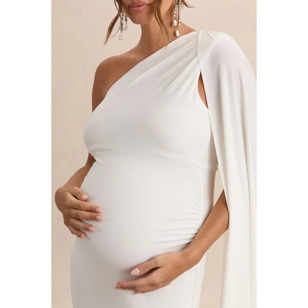 Amaryllis | Robe longue de maternité asymétrique blanche avec manches cape