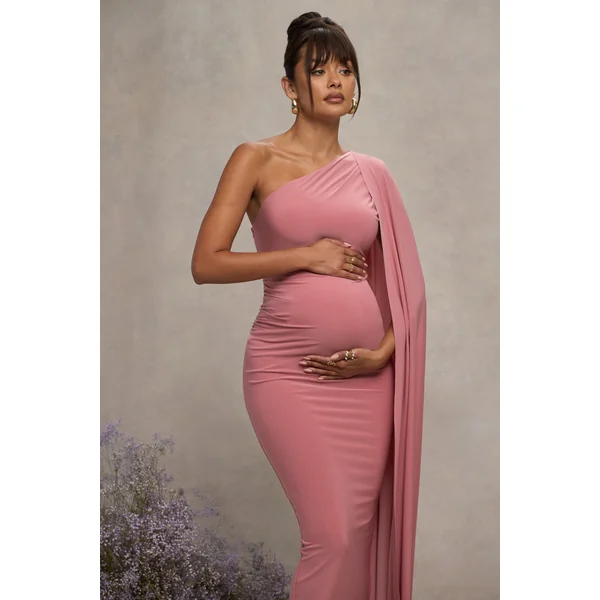 Amaryllis | Robe longue de maternité asymétrique à manches cape rose blush