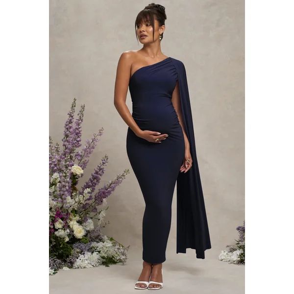 Amaryllis | Robe longue de maternité bleu marine une épaule avec manche cape
