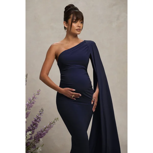 Amaryllis | Robe longue de maternité bleu marine une épaule avec manche cape