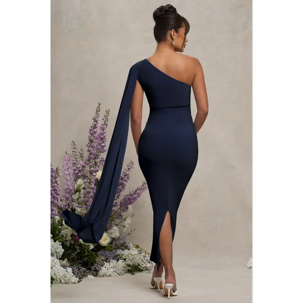 Amaryllis | Robe longue de maternité bleu marine une épaule avec manche cape