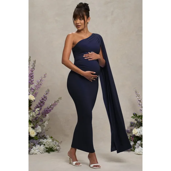 Amaryllis | Robe longue de maternité bleu marine une épaule avec manche cape