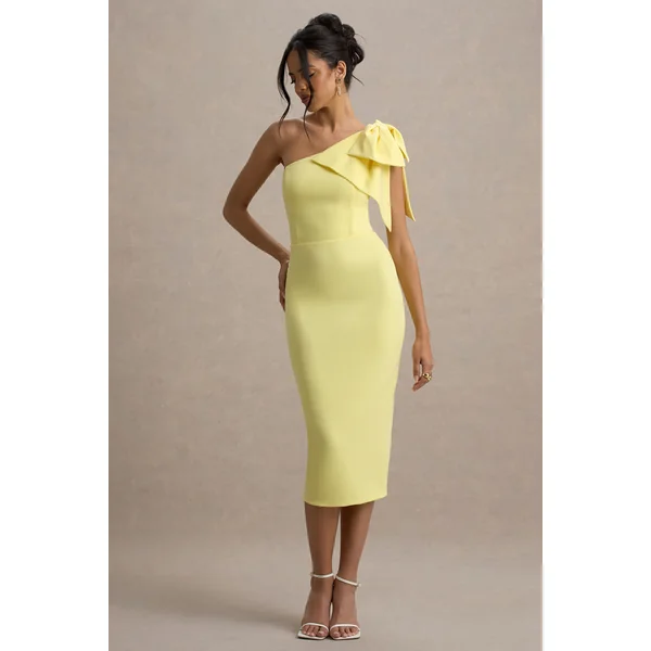 Ambretta | Robe mi-longue jaune citron à une épaule avec nœud