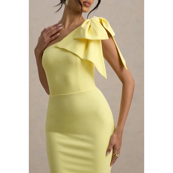 Ambretta | Robe mi-longue jaune citron à une épaule avec nœud