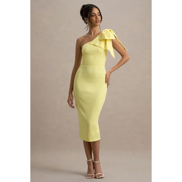 Ambretta | Robe mi-longue jaune citron à une épaule avec nœud