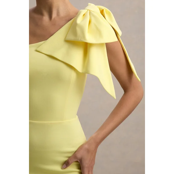 Ambretta | Robe mi-longue jaune citron à une épaule avec nœud