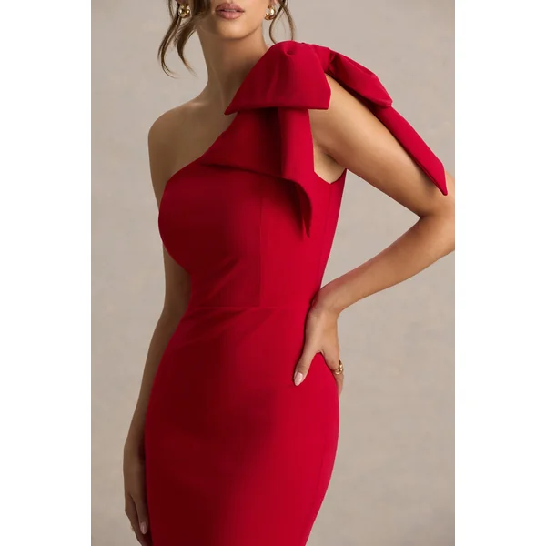 Ambretta | Robe mi-longue rouge asymétrique à une épaule avec nœud