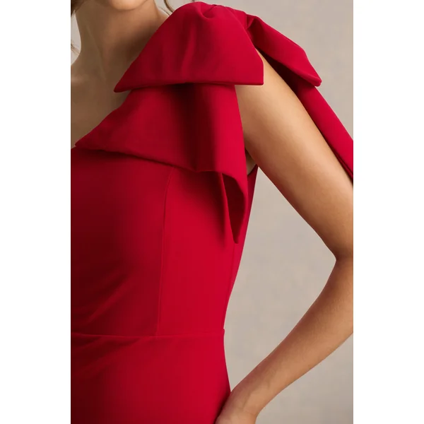 Ambretta | Robe mi-longue rouge asymétrique à une épaule avec nœud