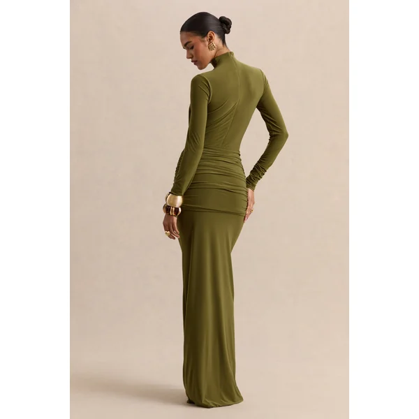 Ambrette | Robe longue olive à encolure haute avec détails froncés