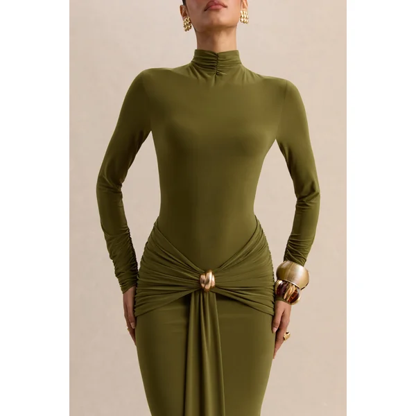 Ambrette | Robe longue olive à encolure haute avec détails froncés