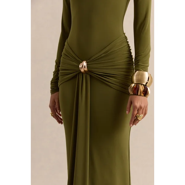 Ambrette | Robe longue olive à encolure haute avec détails froncés