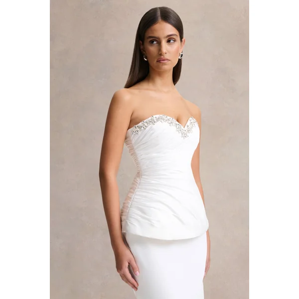 Ambria | Haut corset en satin blanc avec décolleté cœur orné à la main