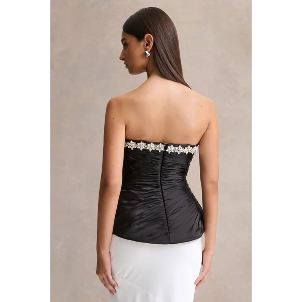 Ambria | Haut corset en satin noir avec décolleté cœur orné à la main