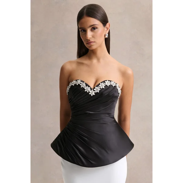 Ambria | Haut corset en satin noir avec décolleté cœur orné à la main