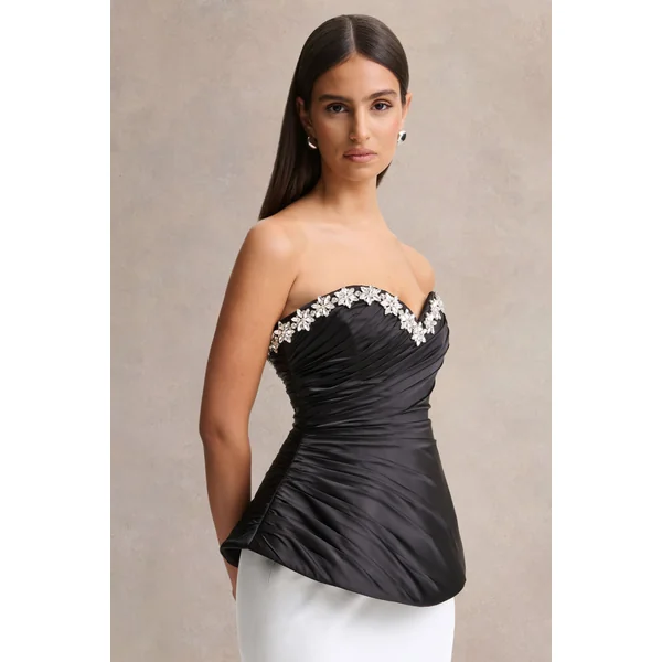 Ambria | Haut corset en satin noir avec décolleté cœur orné à la main