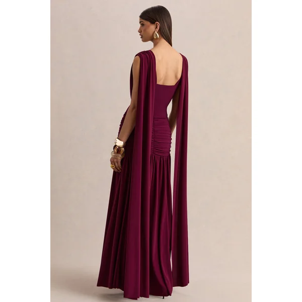 Amelisse | Robe longue bordeaux à encolure plongeante avec détails froncés