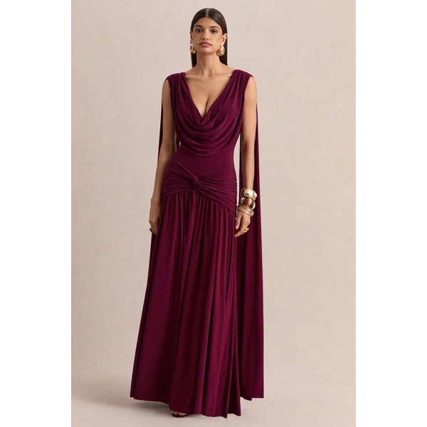 Amelisse | Robe longue bordeaux à encolure plongeante avec détails froncés