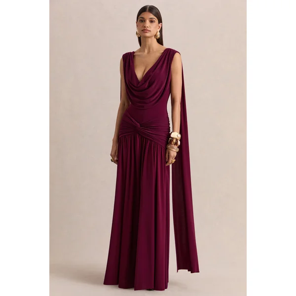 Amelisse | Robe longue bordeaux à encolure plongeante avec détails froncés