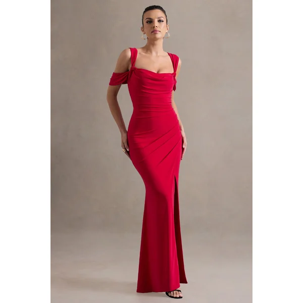 Amoura | Robe longue rouge à décolleté bénitier drapée et portefeuille