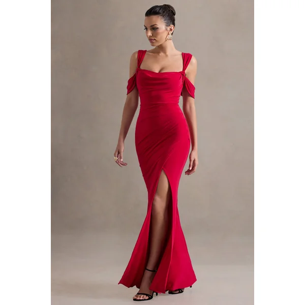 Amoura | Robe longue rouge à décolleté bénitier drapée et portefeuille
