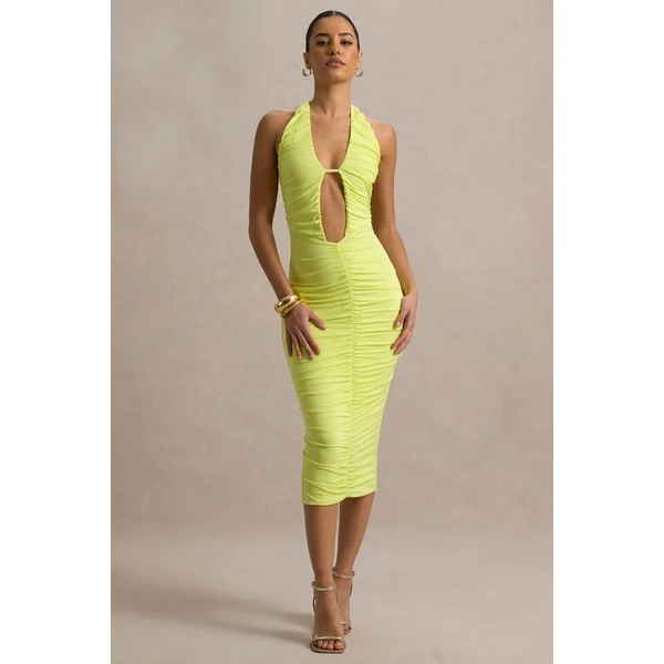 Anaisa | Robe Mi-Longue Vert Citron à Décolleté Plongeant et Col Halter
