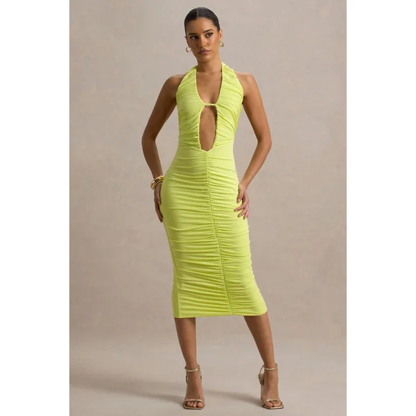 Anaisa | Robe Mi-Longue Vert Citron à Décolleté Plongeant et Col Halter