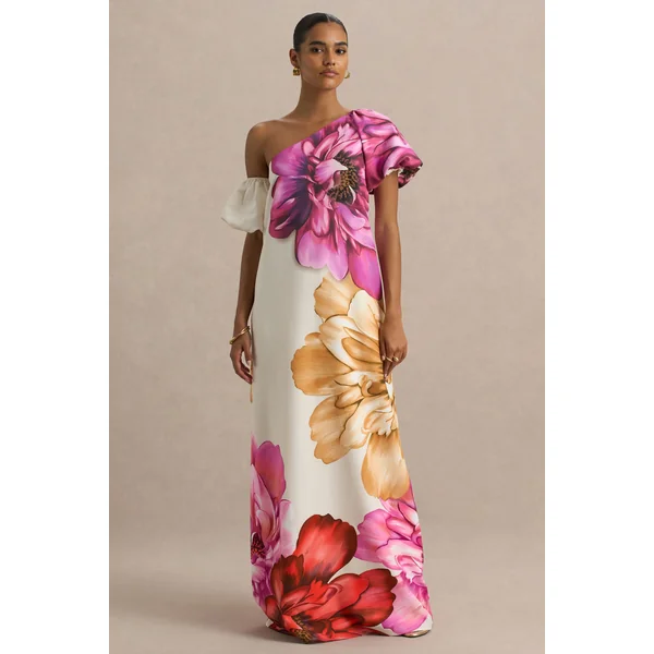 Anastasia | Robe Longue Asymétrique à Grand Imprimé Floral avec Détail Froncé