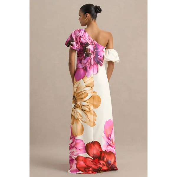 Anastasia | Robe Longue Asymétrique à Grand Imprimé Floral avec Détail Froncé