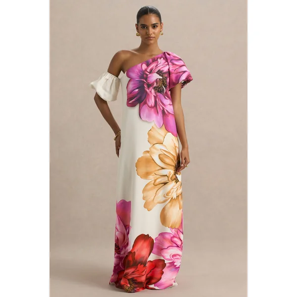 Anastasia | Robe Longue Asymétrique à Grand Imprimé Floral avec Détail Froncé