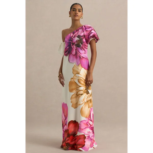 Anastasia | Robe Longue Asymétrique à Grand Imprimé Floral avec Détail Froncé