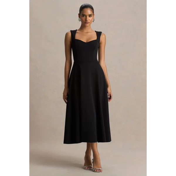 Andromeda | Robe mi-longue noire à encolure cœur