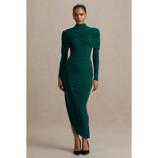 Aneira | Robe longue vert bouteille à col montant avec manches cape