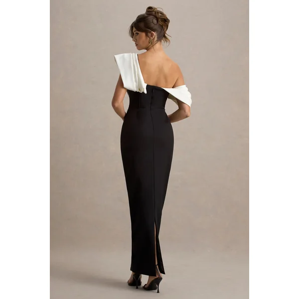 Angelina | Robe longue noire et blanche à épaule drapée
