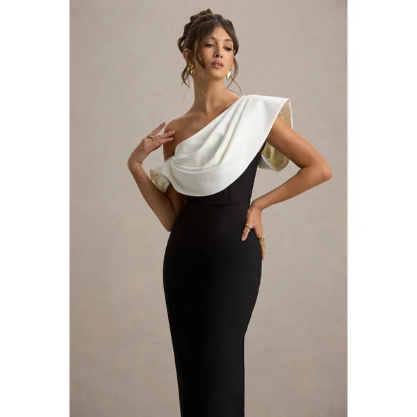 Angelina | Robe longue noire et blanche à épaule drapée