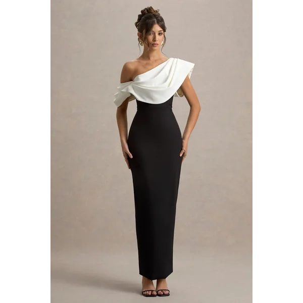Angelina | Robe longue noire et blanche à épaule drapée