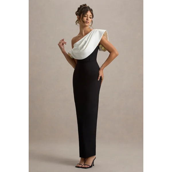 Angelina | Robe longue noire et blanche à épaule drapée