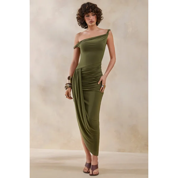 Angelique | Robe Longue Asymétrique Torsadée Vert Olive