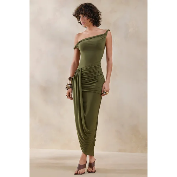 Angelique | Robe Longue Asymétrique Torsadée Vert Olive