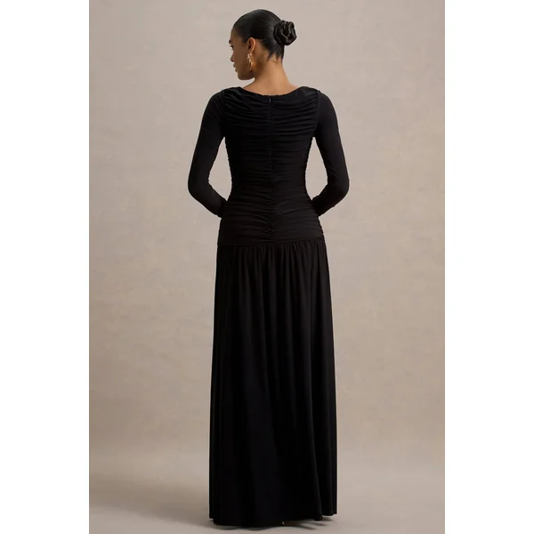 Aniyah | Robe longue noire à col haut avec détails froncés