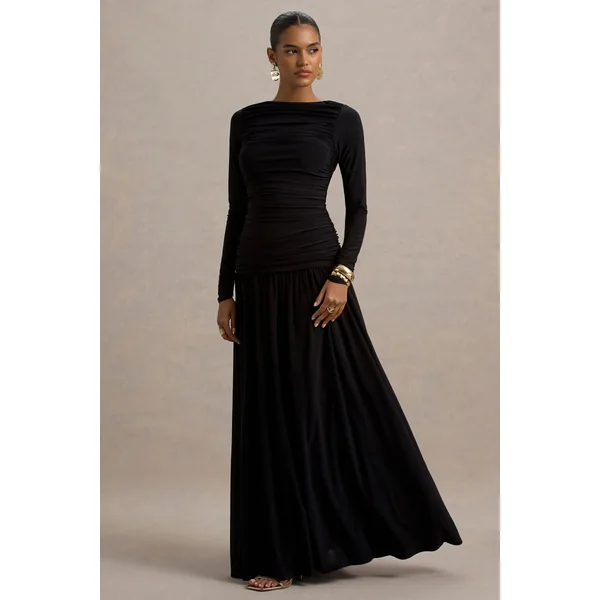 Aniyah | Robe longue noire à col haut avec détails froncés