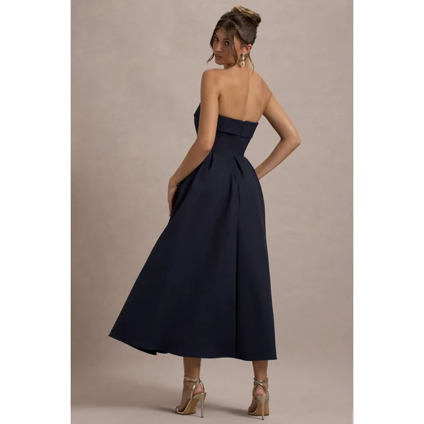 Annalise | Robe Mi-Longue Bleu Marine Évasée à Bandeau