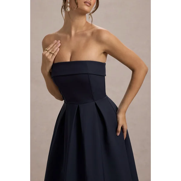Annalise | Robe Mi-Longue Bleu Marine Évasée à Bandeau