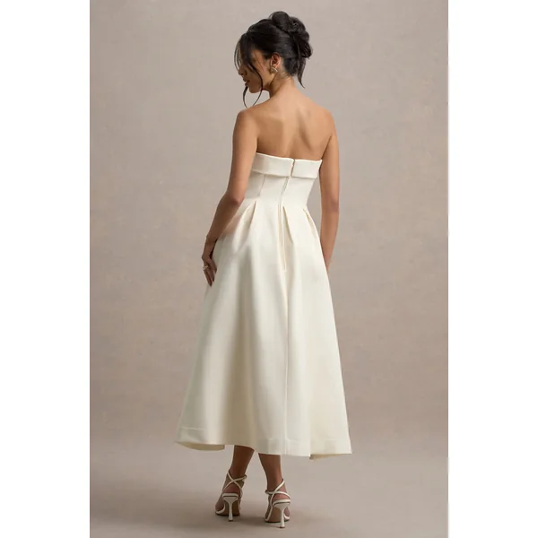 Annalise | Robe Mi-Longue Rose Floral Évasée à Bandeau